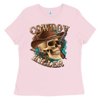 Bubblegum Pink cowboy killer with skull Ladies Tee - texasbilliewilder