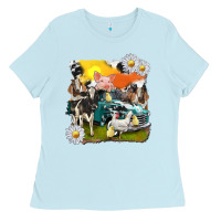 Baby Blue cowhide farm truck with farm animals Ladies Tee - texasbilliewilder