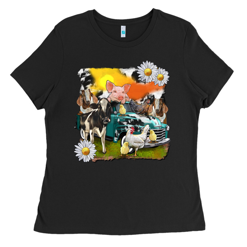 Cowhide Farm Truck With Farm Animals Ladies Tee by texasbilliewilder | Teevron