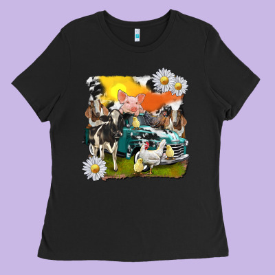 Ladies Tee cowhide farm truck with farm animals