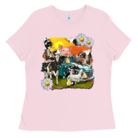 Bubblegum Pink cowhide farm truck with farm animals Ladies Tee - texasbilliewilder