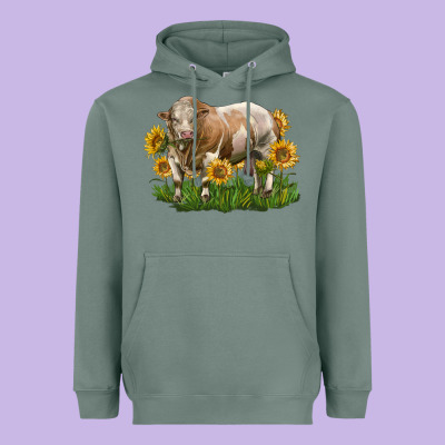Simmental Bull With Sunflowers Heavyweight Hoodie Designed By Lillyallendesigns