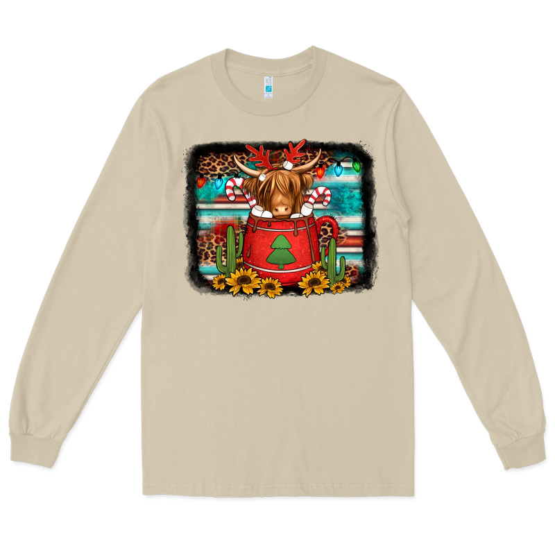 Hot Coco Christmas Highland Cow With Background Long Sleeve Tee by Jasminsmagicworld | Teevron