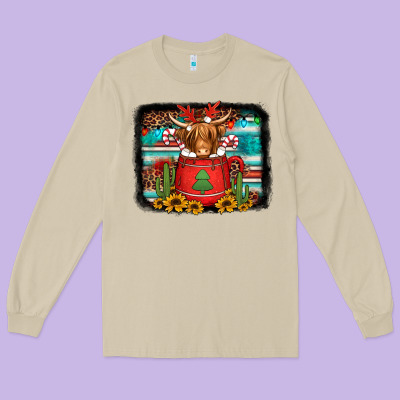 Hot Coco Christmas Highland Cow With Background Long Sleeve Tee Designed By Jasminsmagicworld