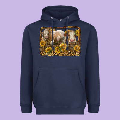 Simmental Bull And Heifer With Sunflowers Heavyweight Hoodie Designed By Lillyallendesigns