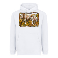 White simmental bull and heifer with sunflowers Heavyweight Hoodie - LillyAllenDesigns