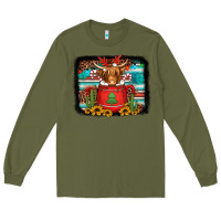 Army Green hot coco christmas highland cow with background Long Sleeve Tee - Jasminsmagicworld