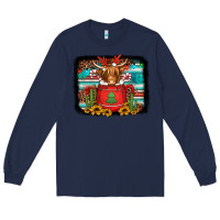 Navy hot coco christmas highland cow with background Long Sleeve Tee - Jasminsmagicworld