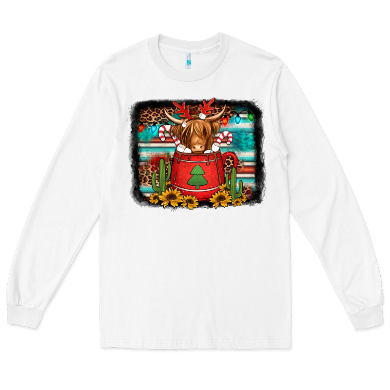Hot Coco Christmas Highland Cow With Background Long Sleeve Tee by Jasminsmagicworld | Teevron
