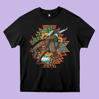 Bucking Bronco Aztec Shape Background Heavy Core Tee Designed By Artiststas