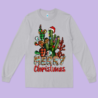 Merry Christmas Cactus Western Long Sleeve Tee Designed By Barkaloodesign