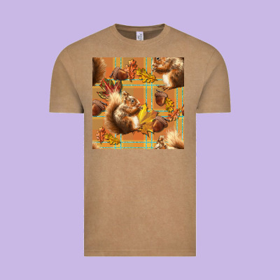 Fall Squirrel And Plaid Seamless Vintage Tee Designed By Bundleandbundleshop