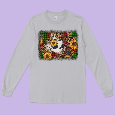 Distressed Christmas Sunflowers Leopard Cowhide Background Long Sleeve Tee Designed By Jasminsmagicworld