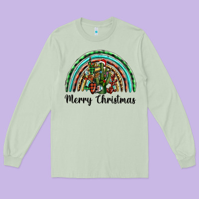 Merry Christmas Cactus Rainbow Long Sleeve Tee Designed By Barkaloodesign