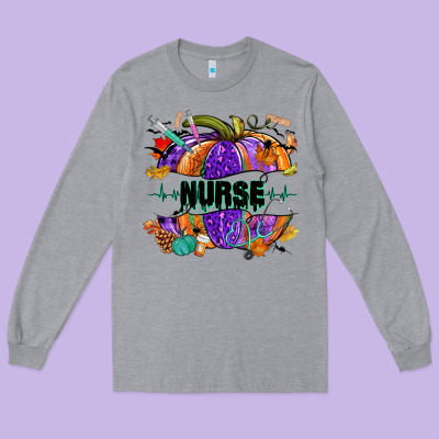 Halloween Nurse Pumpkin Long Sleeve Tee Designed By Nancycooperartshop