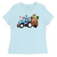 Baby Blue Happy Easter Tractor with Bunny Flowers and Carrot Ladies Tee - RanaPortraitStore