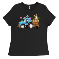 Black Happy Easter Tractor with Bunny Flowers and Carrot Ladies Tee - RanaPortraitStore