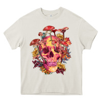 Cream Floral skeleton with mushrooms Heavy Core Tee - RanaPortraitStore