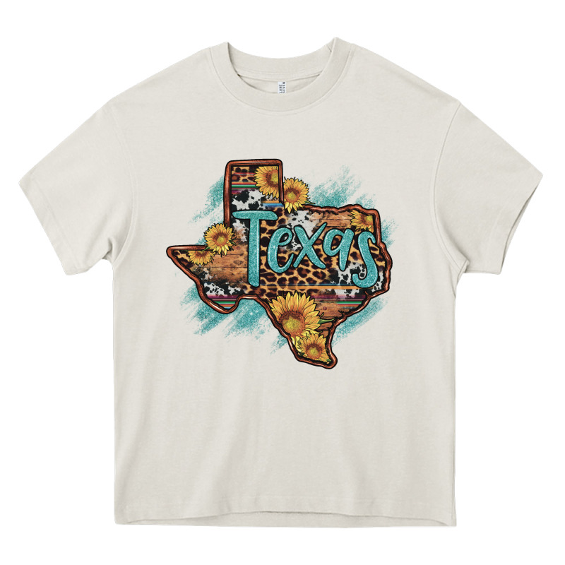 Leopard Cowhide Sunflower Texas Map Heavy Core Tee by Artiststas | Teevron