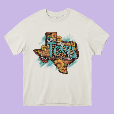 Leopard Cowhide Sunflower Texas Map Heavy Core Tee Designed By Artiststas