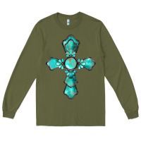 Army Green western turquoise gemstone cross Long Sleeve Tee - BarkalooDesign