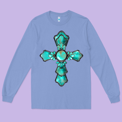 Western Turquoise Gemstone Cross Long Sleeve Tee Designed By Barkaloodesign
