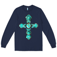 Navy western turquoise gemstone cross Long Sleeve Tee - BarkalooDesign