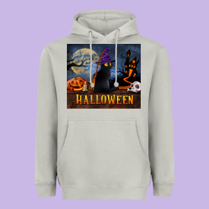 Black Cat Halloween Heavyweight Hoodie Designed By Lillyallendesigns
