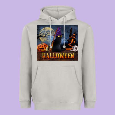 Black Cat Halloween Heavyweight Hoodie Designed By Lillyallendesigns