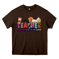 Chocolate Brown this teacher wears her heart on her sleeve Heavy Core Tee - Zillion Design Studio