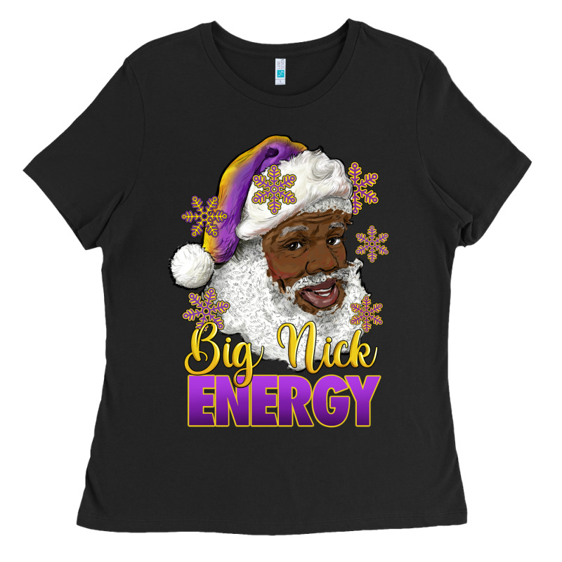 Big Nick Energy Purple And Gold Afro Santa Ladies Tee by RanaPortraitStore | Teevron
