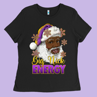 Ladies Tee big nick energy purple and gold afro santa