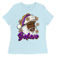 Baby Blue believe purple and gold african american santa Ladies Tee - RanaPortraitStore