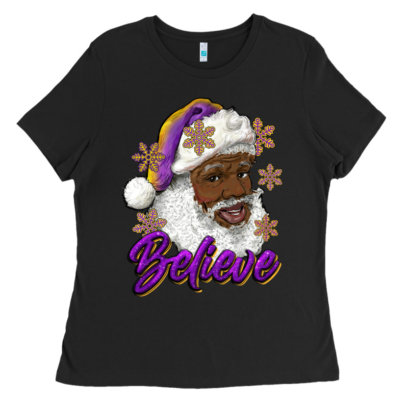Believe Purple And Gold African American Santa Ladies Tee by RanaPortraitStore | Teevron