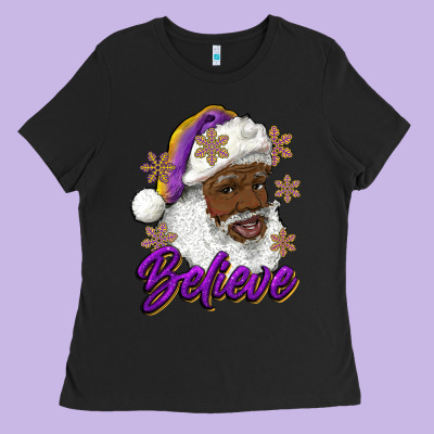 Ladies Tee believe purple and gold african american santa