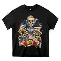 Black Flower Boho Skull Skeleton Heavy Core Tee - RanaPortraitStore