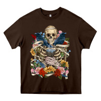 Chocolate Brown Flower Boho Skull Skeleton Heavy Core Tee - RanaPortraitStore