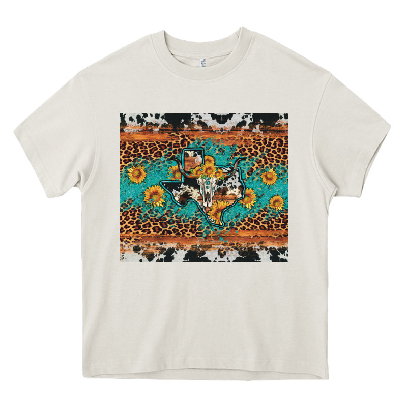 Bull Skull Texas Map Sunflower Leopard Cowhide Heavy Core Tee by Artiststas | Teevron