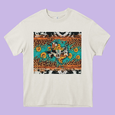 Bull Skull Texas Map Sunflower Leopard Cowhide Heavy Core Tee Designed By Artiststas