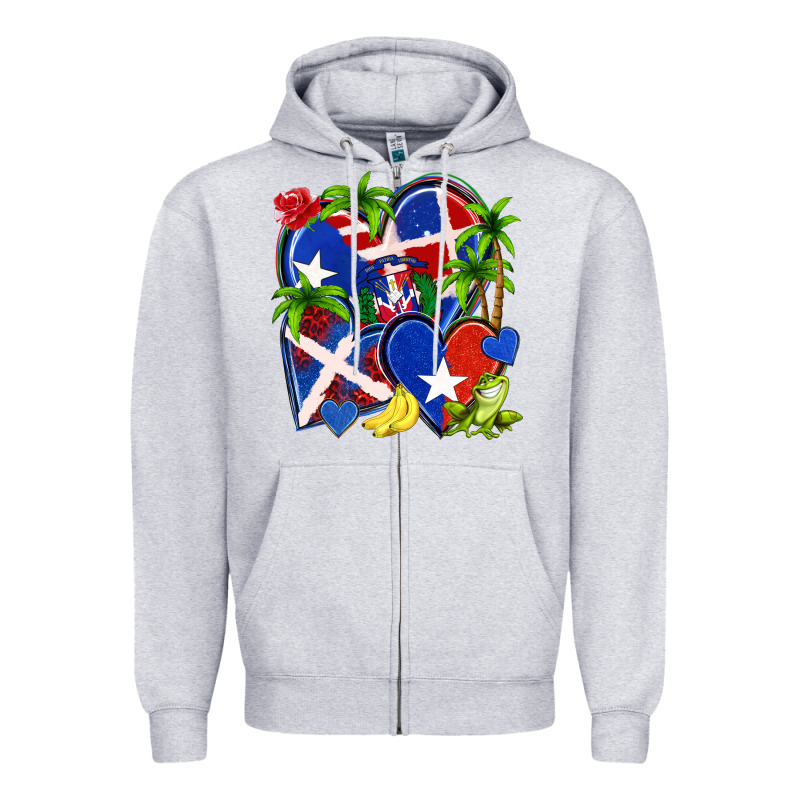 Puerto Rico With Dominican Republic Hearts Zipper Hoodie by NancyCooperArtShop | Teevron