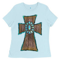 Baby Blue Wood Turquoise Gemstone Cross Ladies Tee - RanaPortraitStore