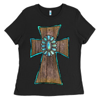 Black Wood Turquoise Gemstone Cross Ladies Tee - RanaPortraitStore