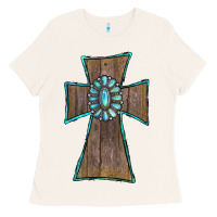 Bone Wood Turquoise Gemstone Cross Ladies Tee - RanaPortraitStore