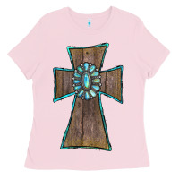 Bubblegum Pink Wood Turquoise Gemstone Cross Ladies Tee - RanaPortraitStore
