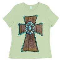 Matcha Wood Turquoise Gemstone Cross Ladies Tee - RanaPortraitStore