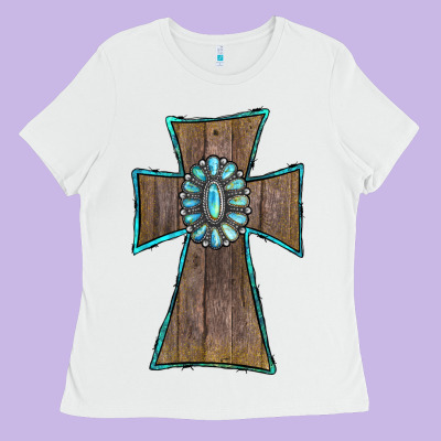 Ladies Tee Wood Turquoise Gemstone Cross