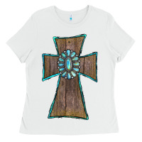 White Wood Turquoise Gemstone Cross Ladies Tee - RanaPortraitStore