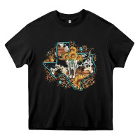 Black bull skull leopard cowhide sunflower texas map Heavy Core Tee - Artiststas