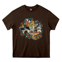 Chocolate Brown bull skull leopard cowhide sunflower texas map Heavy Core Tee - Artiststas