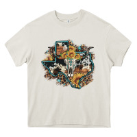 Cream bull skull leopard cowhide sunflower texas map Heavy Core Tee - Artiststas